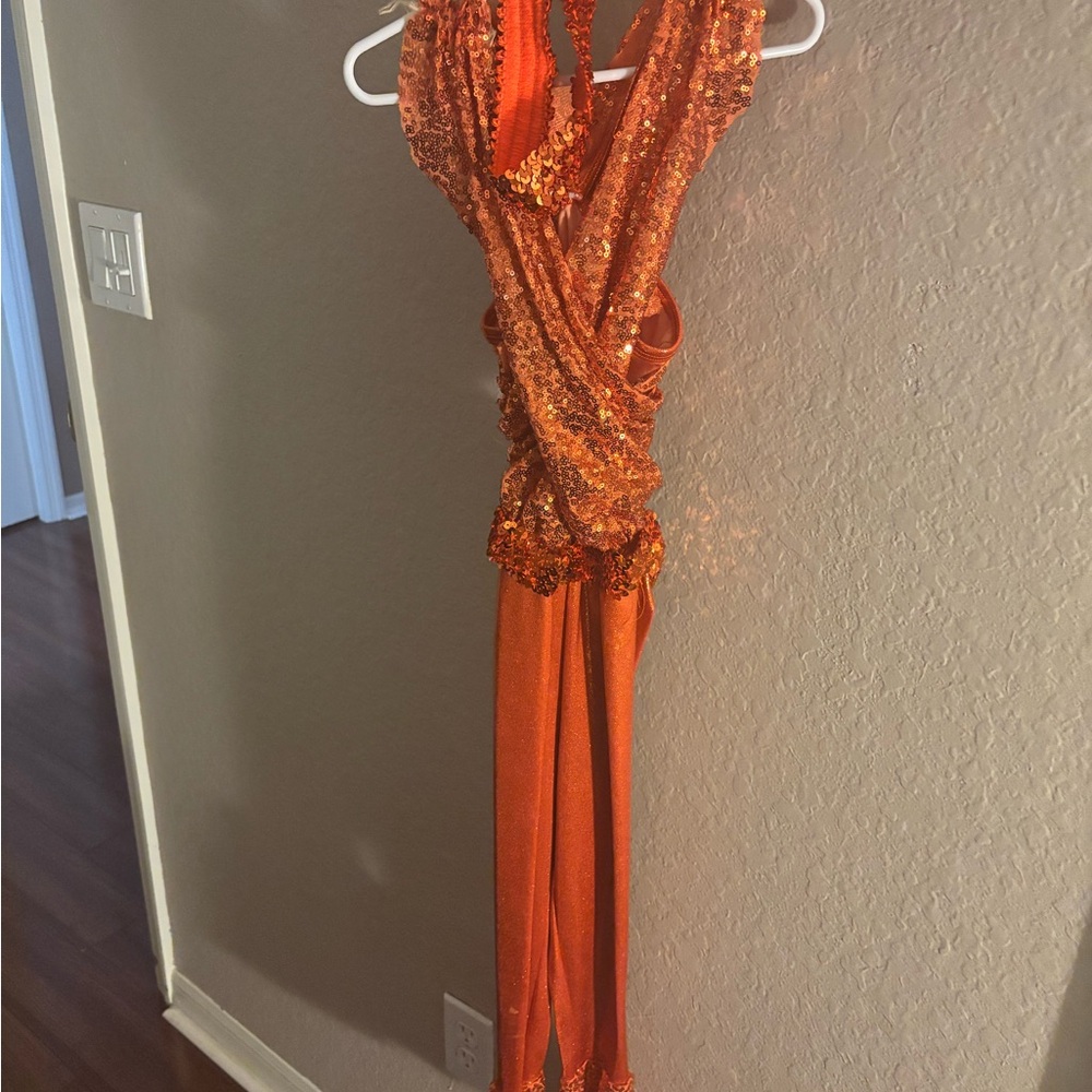 Jazz dance costume Orange Sequin Halter Dress with head band